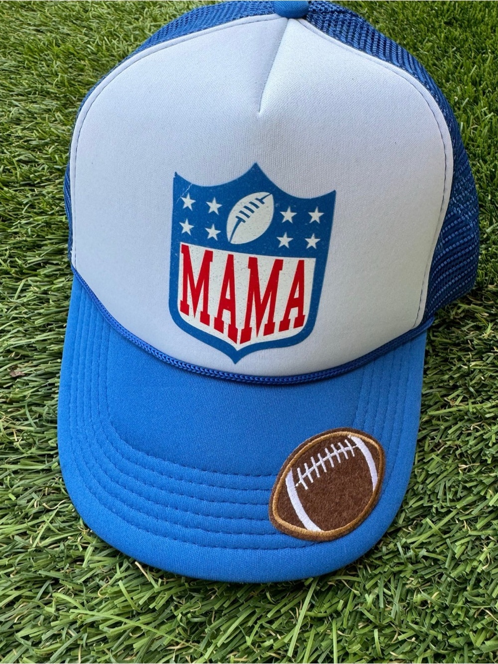 MAMA Football Ponytail Trucker Hat in Blue & White
